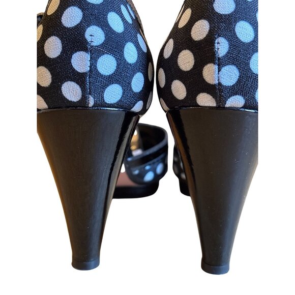 Via Spiga Papa Polka Dot Peep Toe Heels Size 9.5 Retro Rockabilly Shoes Black Wh - Picture 10 of 10